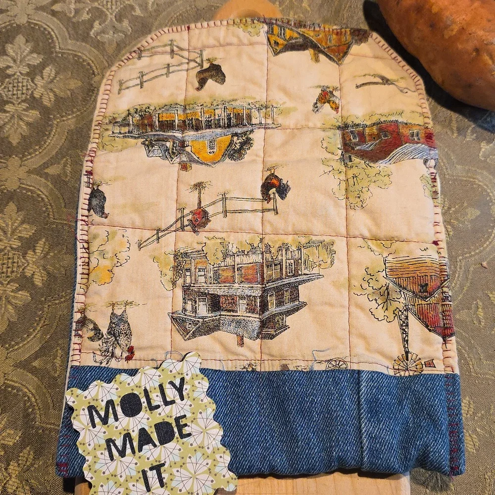 HAND CRAFTED Potato Pouch Microwave UPCYCLE Blue Denim Cotton Farmhouse 8.5 Inch